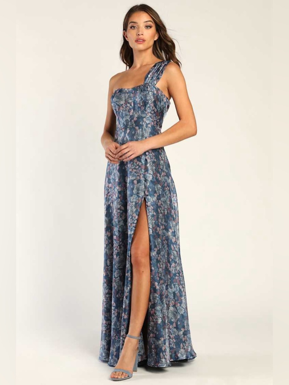 NWT OLIA Slate Blue Floral Print One-Shoulder Maxi Dress